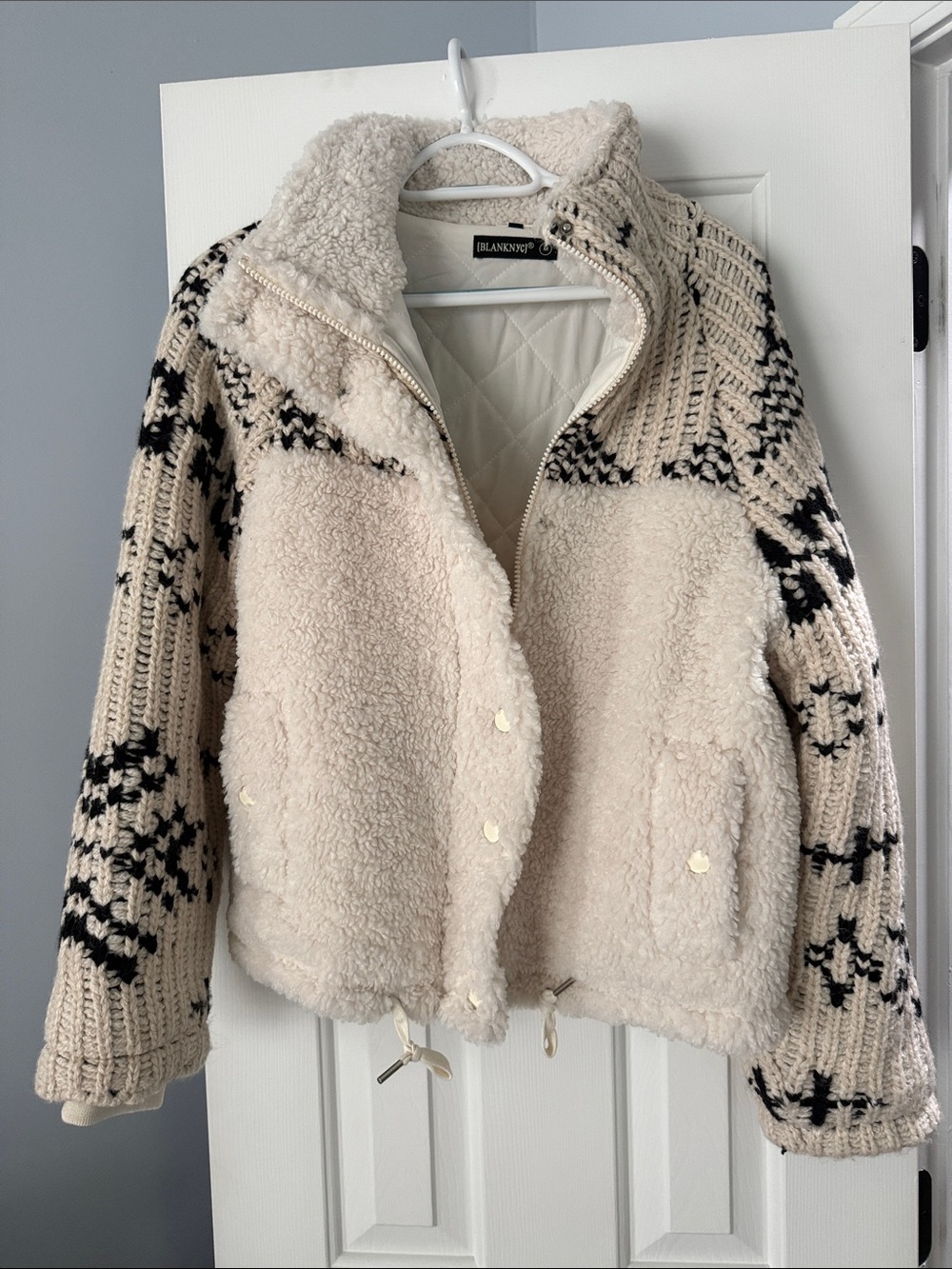 Blank NYC Cream Sherpa Mixed-Media Jacket with Black Knit Pattern